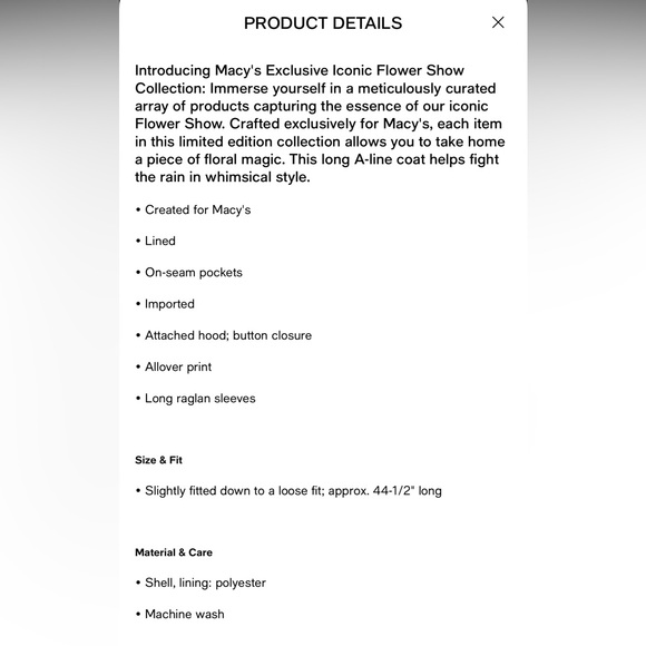 Macy’s Flower Show Botanical Print A-line Rain Jacket Green Floral Design NWT - Picture 5 of 5